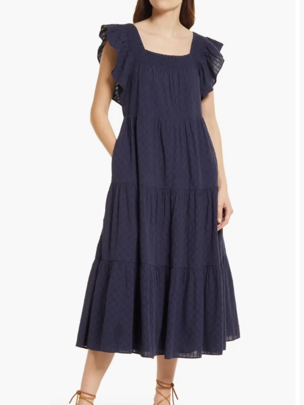 Madewell Textured Check Ruffle Sleeve Tiered Midi Dress | Size Medium | Navy